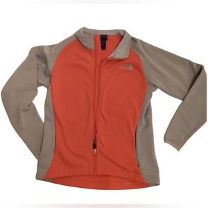 North face light weight jacket, coral and gray colors. Thumb hole on sleeve. EUC